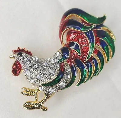 Vintage Rooster Brooch Pendant Gold Tone Bright Enamel Colors Rhinestones Pin  • $25