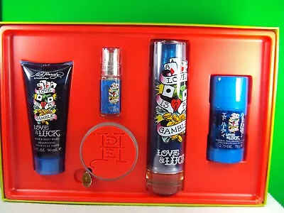 LOVE & LUCK By Ed Hardy Vegas Set 3.4oz EDT SPRAY .25oz DEODORANT & SHAMPOO A28A • $79.99