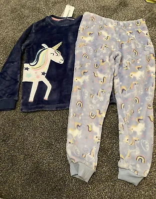 BNWT George Girls Blue Fleece Unicorn Pyjamas Pj’s Nightwear 6-7 Years • £5.75