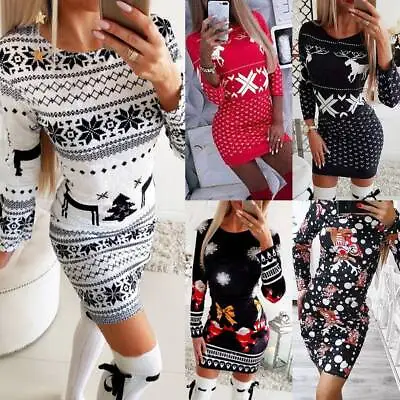 £11.79 • Buy Women Christmas Jumper Dress Ladies Long Sleeve Party Sweater Mini Dress Bodycon