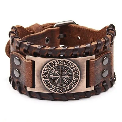 Viking Men's Handmade Hide Wristband Compass Charms Woven Wide Wrist Cuff Bangle • $7.69