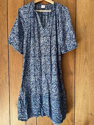 Authentic Vintage Boho Indian Cotton Gauze Peasant Blue Floral Dress AUS M • $99