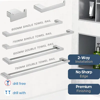 $24.99 • Buy Chrome Towel Rail Toilet Paper Holder Wall Mounted Hooks Bathroom 2-Way Install