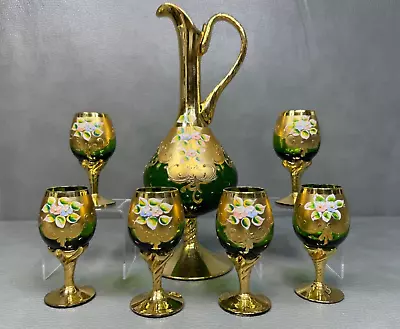 Vintage Italian Murano Glass Decanter Set Emerald Green And Gold Hand Painted • $124.95