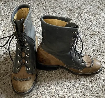 Vintage Laredo Women's Brown/Gray Leather Granny Western Kiltie Boots - Size 5 M • $29.99