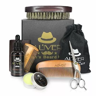 6pcs Men's Gent’s Beard Grooming Kit Gift Set Shampoo Oil Balm Wooden Brush Comb • £10.99