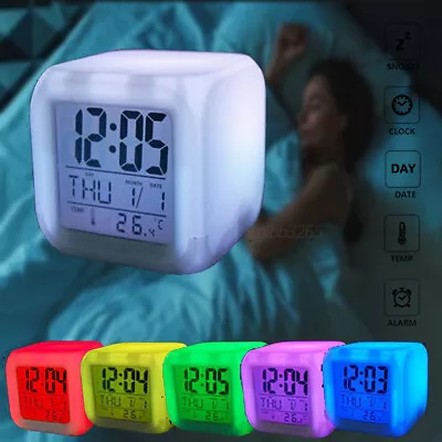 7 Colors Glowing LED Digital Silent Alarm Temperature Clock With Date Day Room • £7.98