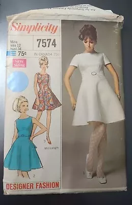 Vtg 60s Simplicity 7574 Designer Dress Sewing Pattern Sz12 Atomic Jetsons Mini • $12.99
