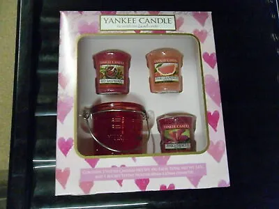 Yankee Candle Red Bucket Votive Holder & 3 Sampler Candles Set In Hearts Box Htf • £29.95