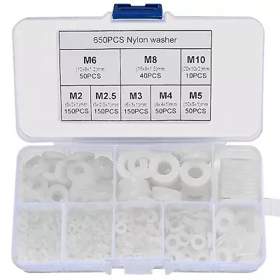 650 Pcs White Nylon Flat Washer Assortment Kit Round Flat Nylon Washers For Hou • $11.35