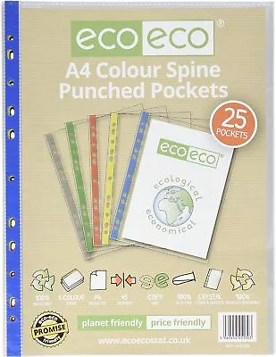 Eco-eco A4 100% Recycled Coloured Spine Multi Punched Pockets Glass Clear Tran • £5.95