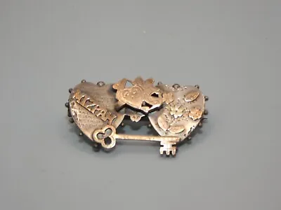 Antique Sterling Silver & Gold Mizpah Sweetheart Brooch - Hearts & Key • £49.95