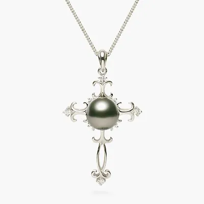 AAA 8.6mm+ Black Tahitian Saltwater Pearl Cross Pendant 14Kt Solid White Gold • $278.07