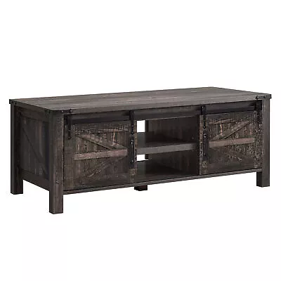 OKD Farmhouse 48 Inch Coffee Table With Sliding Barn Doors Dark Rustic Oak • $205.99