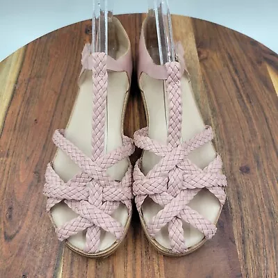 Zara Sandals Women's 38 / 7.5 Pink Tan Leather Strappy Braided Mary Jane Flats • $23.98