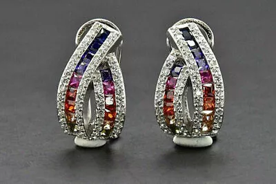 2Ct Lab Created Multi Color Rainbow Sapphire & Diamond Earring Real 925 Silver • $116.60