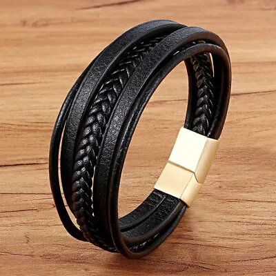 Stainless Steel Charm Magnetic Black Men Bracelet Leather Genuine Braided Punk • $11