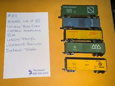 N Scale Lot Of (5)  Box Cars Ontario Northland Bm Union Pacific Vermont +++  #84 • $20