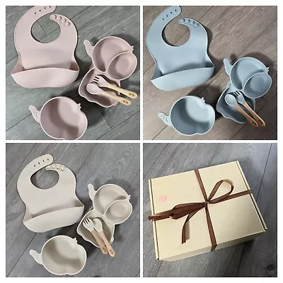 Silicone Baby Feeding Set Suction Plate And Bowl Adjustable Bib 6 Months+ • £9