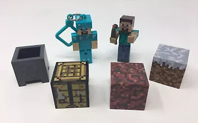 6 MINECRAFT Figure Lot Steve Keychain Server Crafting Table Snow Grass Block Toy • $9.99