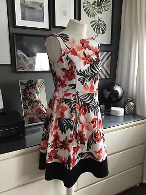 Fit Flare Dress 12 Floral Trend Eveing Event Elegant Feminine Orange 50s • £11.20