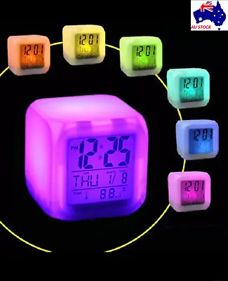 $12.20 • Buy 7 Colors Changing Digital Clock Temperature Light Cube Desk Kids Wake Up Alarm