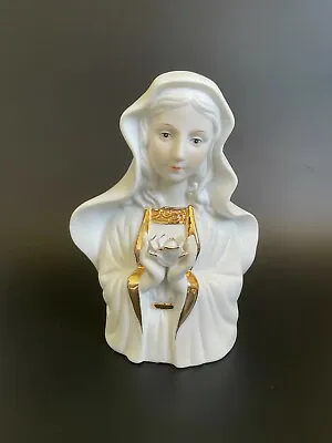 Vintage Gold Gild Bisque Porcelain Virgin Mary Holding Rose Bust Figurine Statue • $69