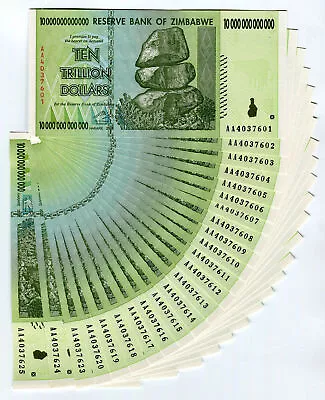 Zimbabwe 10 Trillion Dollars X 25 Pcs AA 2008 P88 Consecutive UNC Currency Bills • $1346.23