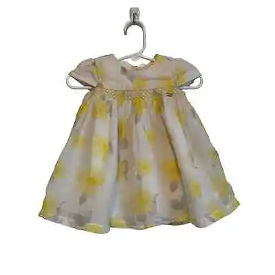 Mayoral Yellow Floral Dress A-line Lined Silk Ruched Logo. Size 12mo. • $22.50