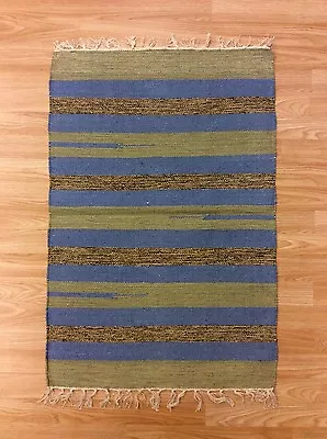 Striped Blue Beige Handloomed 100% Cotton Rag RUG Durrie Mat 60x90cm 2x3 50%OF  • £14.99