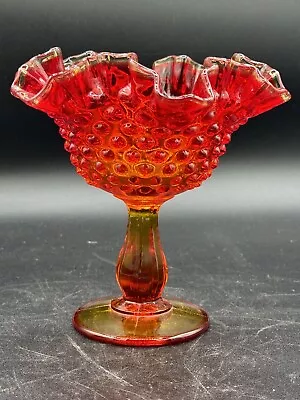 Vtg Fenton Hobnail Orange Amberina Glass Ruffled Edge Compote Candy Dish 5.5 MCM • $25