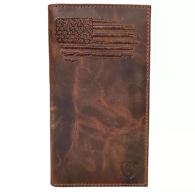 Ariat Mens Distressed USA Flag Leather Rodeo Wallet Checkbook Cover • $49.99