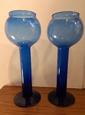 2 Cobalt Blue Glass Long Stem Globe Tall Candle Holders Vases 10    • $10.55