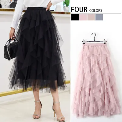 £26.16 • Buy Women Mesh Ruffle Tutu Maxi Skirt Sheer Net Tulle Pleated High Waist Long Skirt