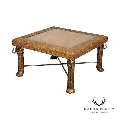 Maitland Smith Unusual Brass Elephant Base Square Leather Top Coffee Table • $1795