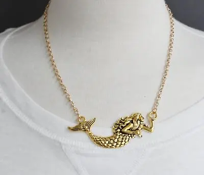Gold Mermaid Necklace Pendant 19  Long Chain Sea Siren Big Pendant Tail Fin • $9.99