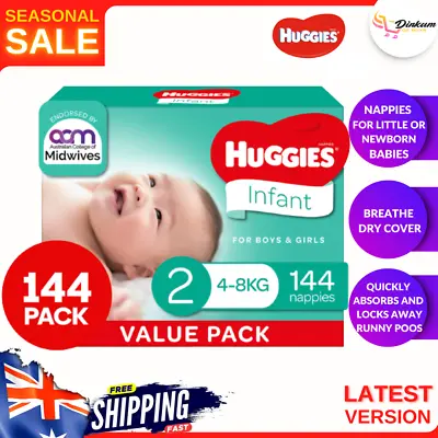 $72.71 • Buy New Huggies Infant Nappies Size 2 (4-8kg) 1 Month Supply 144 Count