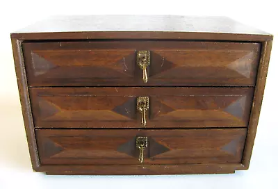 Vintage Wooden Jewelry Box 3 Drawer Made In Japan Red Velvet Lined Brass Pulls • $43.16