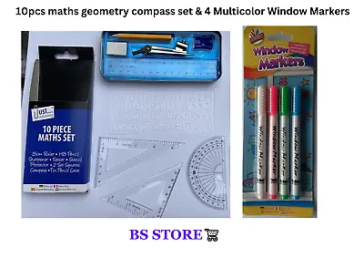 £4.94 • Buy 10pcs Math Geometry Compass Set Tin Case +4 Multicolor Window Markers Art Box