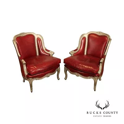 Old Hickory Tannery French Louis XV Style Pair Leather Bergere Chairs • $3795