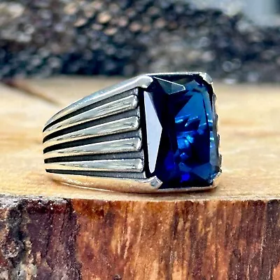 925k Silver Blue Sapphire Stone Ring  Men Minimal Sapphire Stone Ring • $59