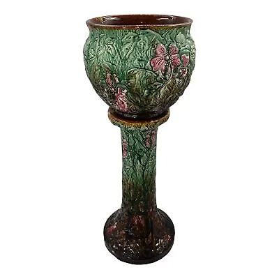 Weller Blended Majolica C1900s Art Pottery Red Flower Green Jardiniere Pedestal • $724.95