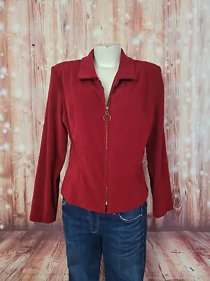 Vintage K Women's Red Velvet Zip Up Jacket Fitted Shoulder Pads Size L • $14.32