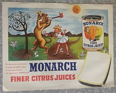 Vintage Monarch Lion Foods Finer Citrus Juices Store Display Poster 17 X 22 • $30