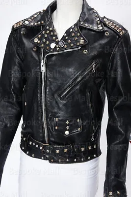 New Men's Handmade Black Silver Studded Brando Style Antique Leather Jacket-870 • $252.29