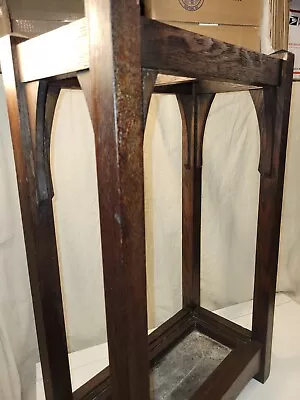 Antique Mission Quartersawn Tiger Oak Umbrella Cane Stand With Galvanized Tray • $695