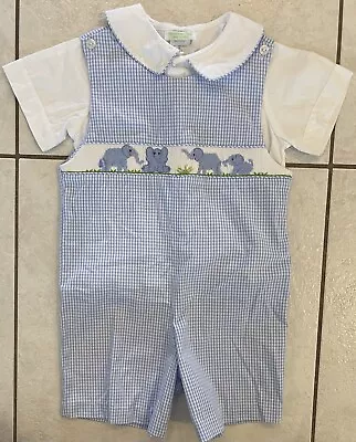 Vive La Fete Toddler Boys Elephant Smocked Romper Shirt Blue White Gingham Sz 2 • $34.99