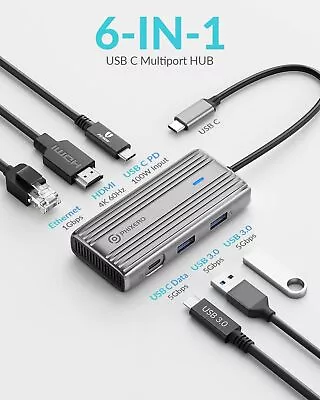 USB C Hub Multiport Adapter 4K 60Hz Docking Station 6-in-1 1Gbps Ethernet PD100W • $23.99