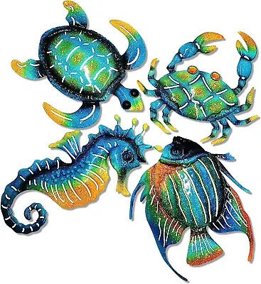 Set Of 4 Metal Outdoor Wall Art Decor Blue Turtle Fish Crab And Seahorse Suitab • $40.97