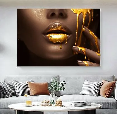 Gold Lip Abstract Super Canvas Framed Paper Poster Print Art Wall Art Homeoffice • £18.99